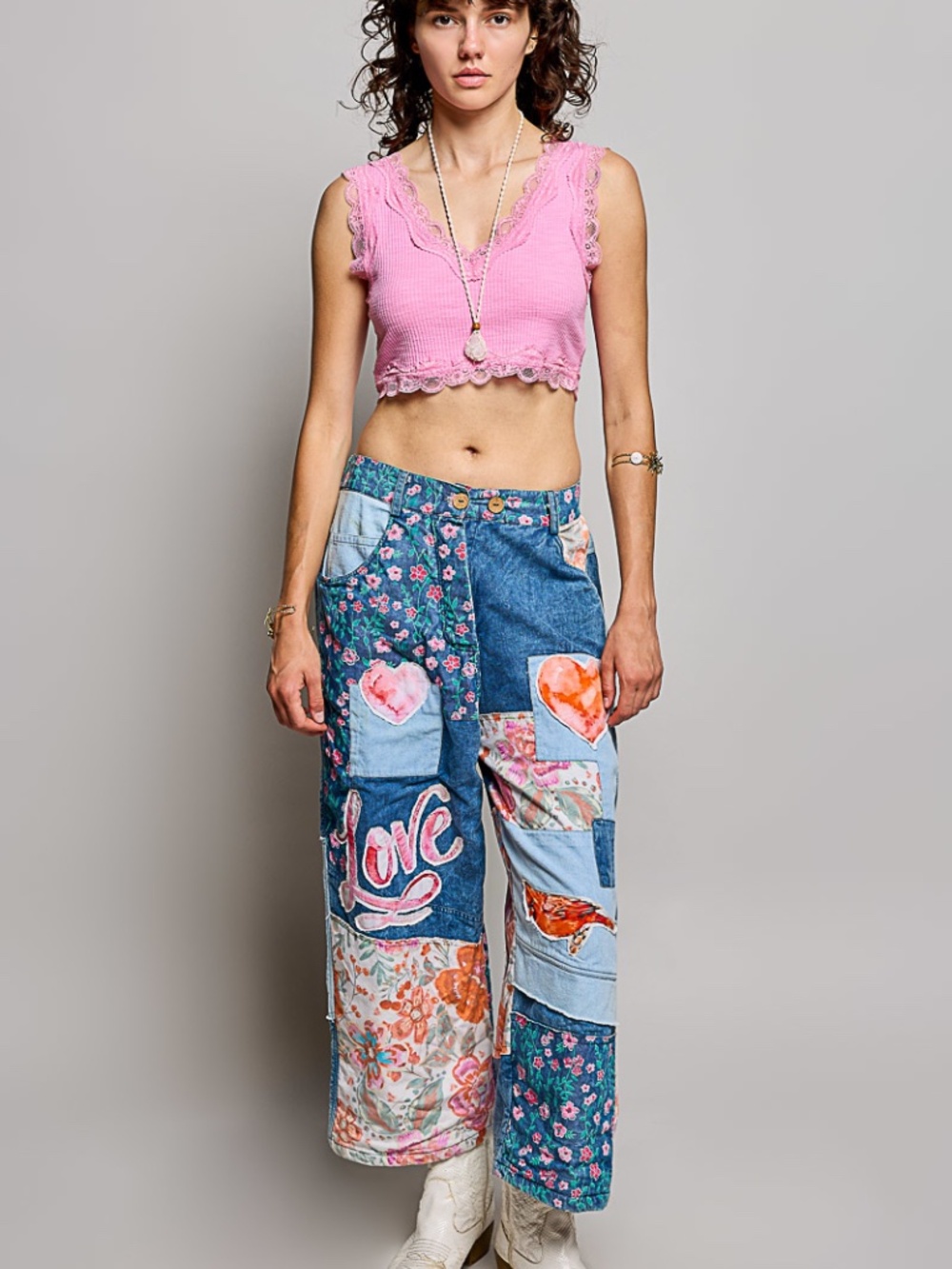 POL Denim Stretchy Waist Heart Birds Love Graphic Patchwork Wide leg Pants - Picture 7 of 9